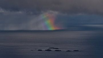 Farbenfroher Regenbogen über dem Meer vor der Küste von Lofoten, Norwegen von Timon Schneider