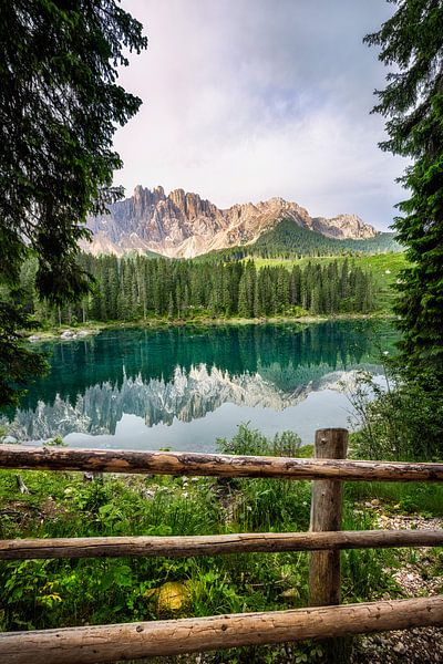 Lake Carezza in the Dolomites in Italy in portrait format by Voss photography