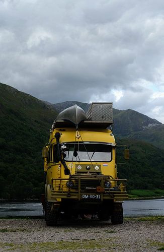 yellow rugged survival camper in Scottish countryside
