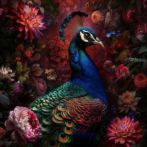 Pfau und Blumen