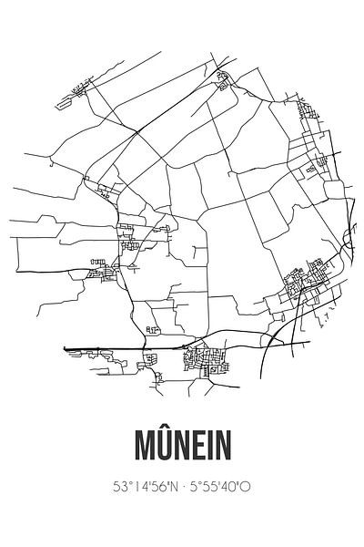 Mûnein (Fryslan) | Landkaart | Zwart-wit van Stad & Wand