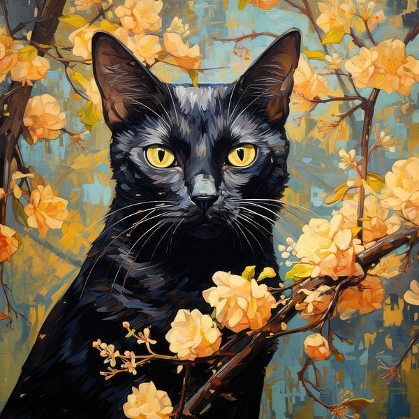 Black Cat and Flowers inspired by Vincent van Gogh by Erika Kaisersot