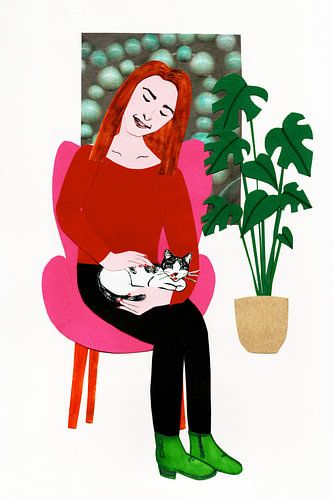 Woman with Cat, a domestic scene by Karolina Grenczyk