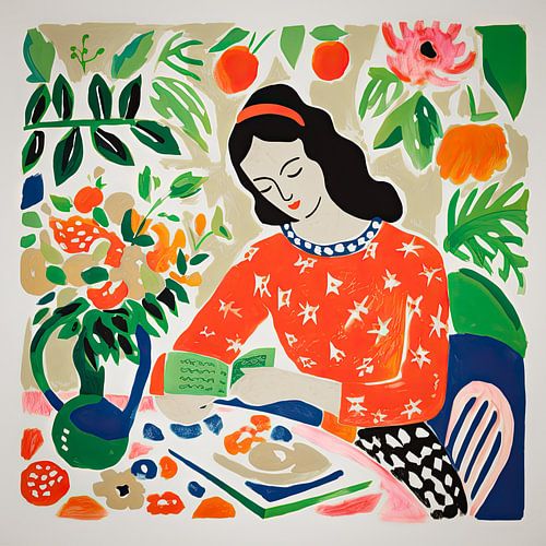 Kleurrijk portret van vrouw in semi-abstracte stijl