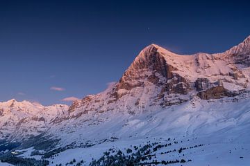 Kleine Scheidegg and mountain glow on the Eiger after sunset in winter