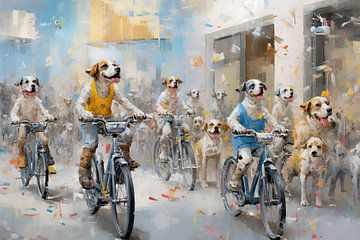 Chiens à vélo | Peinture expressionniste sur Blikvanger Schilderijen