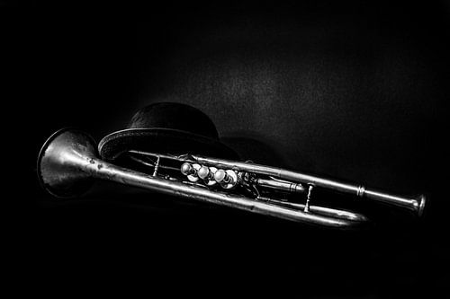Vintage Jazz Trumpet with Hat in Black and White