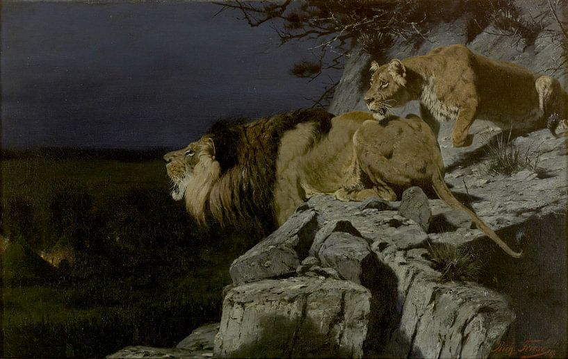 Couple de lions à l'affût d'un feu de camp nocturne, Richard Friese par Des maîtres magistraux