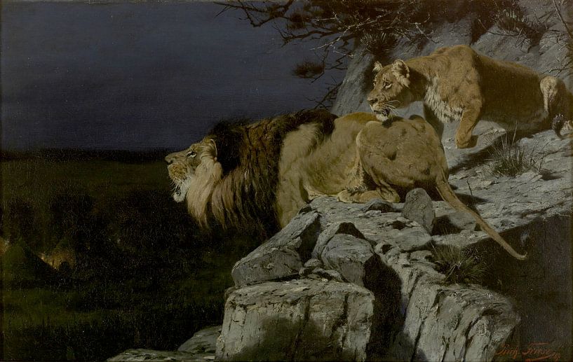Lion pair lurking at night campfire, Richard Friese by Masterful Masters