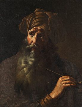 Portret van een oosterse man met tulband en pijp van klei, Italië