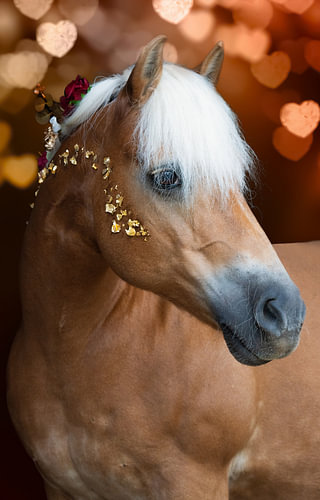 Haflinger with gold leaf against a backdrop of orange heart-shaped lights