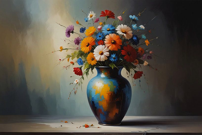 Blühende Blumen in blauer Vase Stillleben von Art & Soul Creations