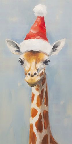 Giraffe wearing a Santa hat