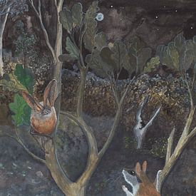 Eikelmuis ontmoet de grootoorvleermuis, gouache van boslandschap bij nacht van Marjolijn de Winter