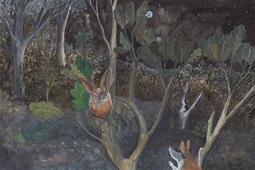 Eikelmuis ontmoet de grootoorvleermuis, gouache van boslandschap bij nacht