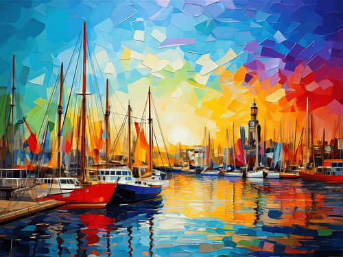 Hafen mit Segelschiffen bei einem farbenprächtigen Sonnenuntergang