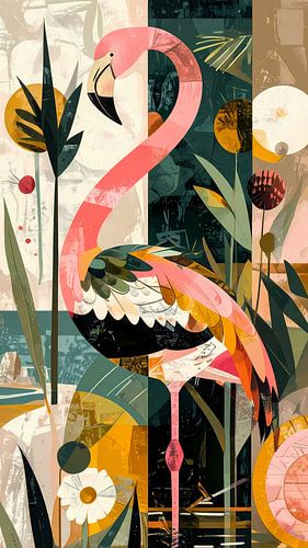 Abstract Flamingo Schilderij – Moderne Kunst in Expressieve Kleuren