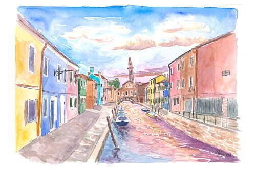 Burano Blick auf den Kanal und den schiefen Glockenturm in der Lagune von Venedig