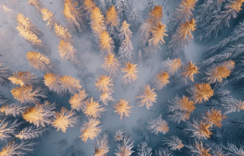 Sonnenaufgang, schneebedeckter Wald von fernlichtsicht