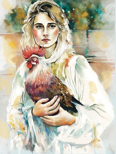 Fille avec coq