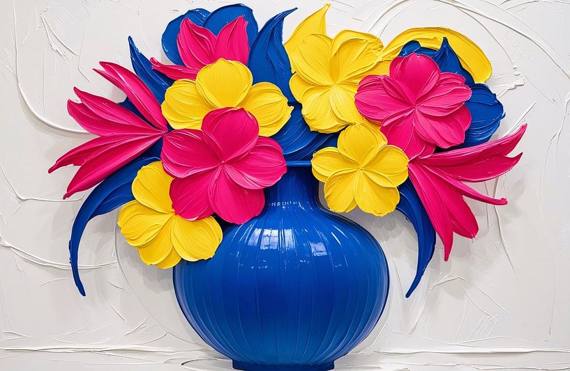 Colourful floral arrangement with blue vase by Art & Soul Creations