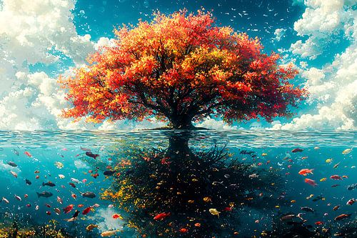 Boom met reflectie en vissen