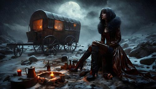 young woman with an old covered wagon