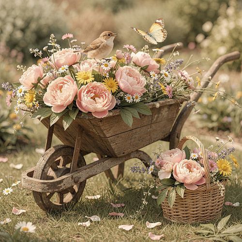Bloemen in kruiwagen met vogel en vlinder – landelijk tuin tafereel