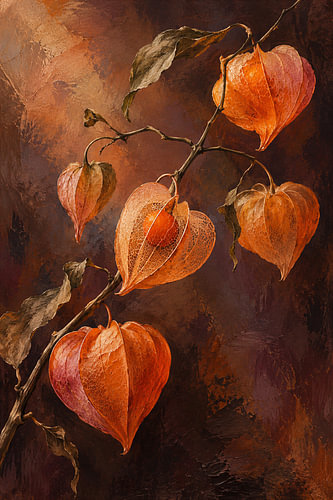Physalis-Zweig mit Herbstfarben und dunkler Textur