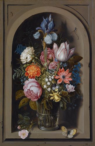 Een stilleven van bloemen in een glazen beker in een marmeren nis, Ambrosius Bosschaert de Oudere