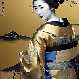 Japanse Geisha in een gouden kimono. van Ineke de Rijk