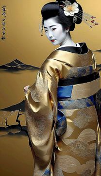 Japanse Geisha in een gouden kimono. van Ineke de Rijk