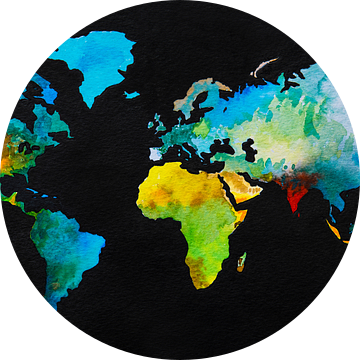 Wereldkaart in aquarel en Zwarte inkt van WereldkaartenShop