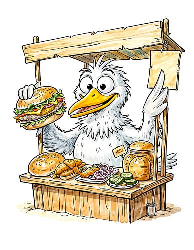 Grappige vogel bij de viskraam