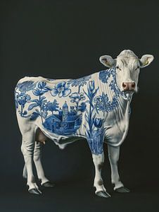 Holländische Kuh mit delfterblauen Tulpen und Windmühlen auf dem Körper