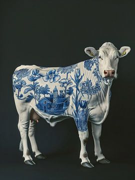 Nederlandse koe met Delfstblauwe tulpen en molens op haar lichaam