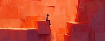 Meisje en Oranje | Zittend Meisje in Abstracte Achtergrond