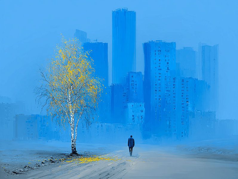 Le bouleau solitaire dans la ville bleue | Là où le silence pousse entre les gratte-ciel par Karina Brouwer