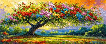 Tree of life in the play of colours of the evening sun - a dreamlike panoramic landscape full of flowers and living nature