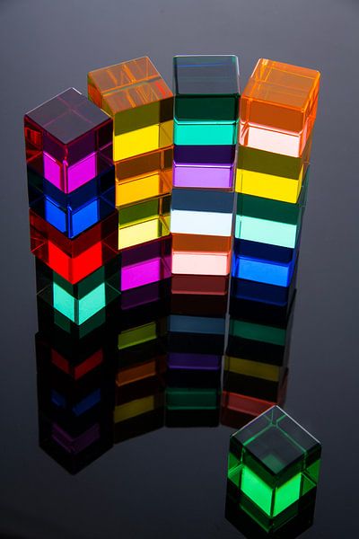 wall of glass cubes with cube in corner by Gerhard de Wit