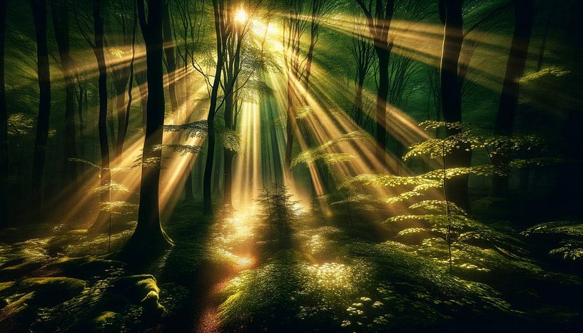 Rays of sunlight flood the misty jungle by artefacti