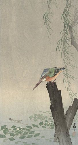 Kingfisher on tree trunk of Ohara Koson
