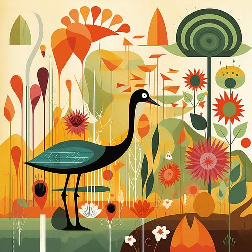 Vogels en bloemen in de stijl van Charley Harper