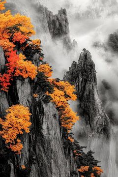 Bunte Herbstblätter am Felsen von Poster Art Shop