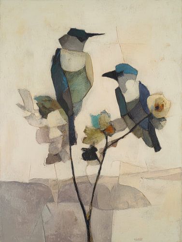 Abstrakte Vögel auf einem Ast in sanften Farbtönen