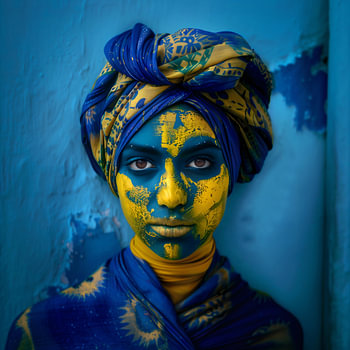 Intriguing Woman with Blue and Yellow Facial Art and Turban
