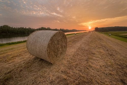 Hooirol op de dijk bij zonsondergang
