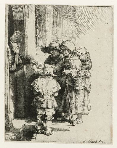 Een blinde draailierspeler met familie ontvangt een aalmoes, Rembrandt van Rijn