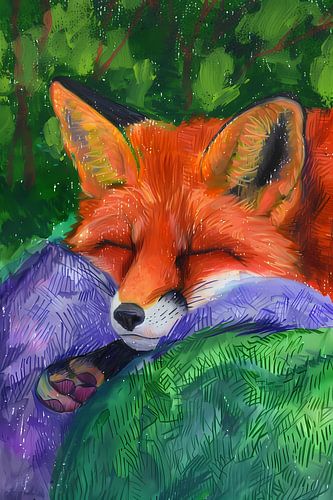 Renard endormi dans une forêt colorée
