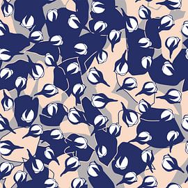 Retro blossom. Abstract botanical art in pastel pink, blue, grey. by Dina Dankers